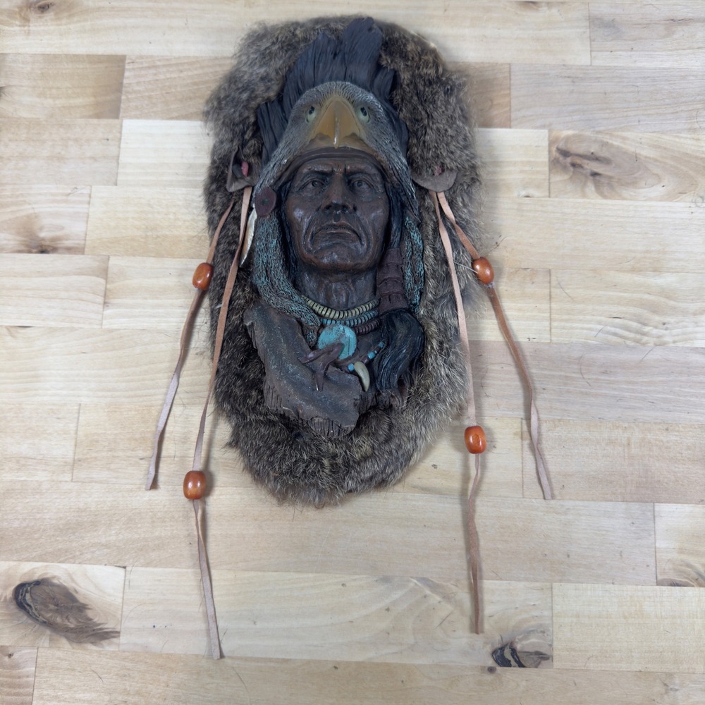 Native American Warrior Eagle Headdress 3D Wall Art Plaque Fur 11.5in